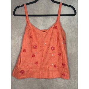 VTG  90's Ann Taylor Petites Floral Embroidered Sequin Coral 100% Linen Tank 12P